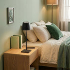 Vinlume black modern cordless table lamp with acrylic shade on wooden nightstand next to bed