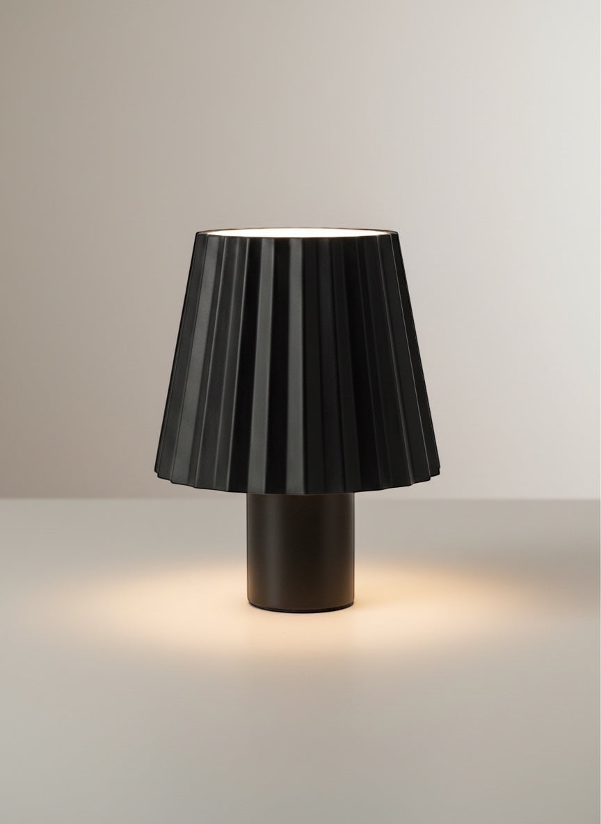 Vinlume black pleated cylinder bottle lamp with touch controls, ideal for ambient lighting.