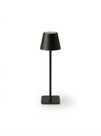 Vinlume black modern standing lamp with square base and conical shade, featuring touch controls and USB-C charging.