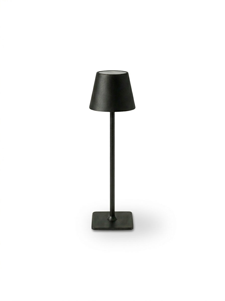 Vinlume black modern standing lamp with square base and conical shade, featuring touch controls and USB-C charging.