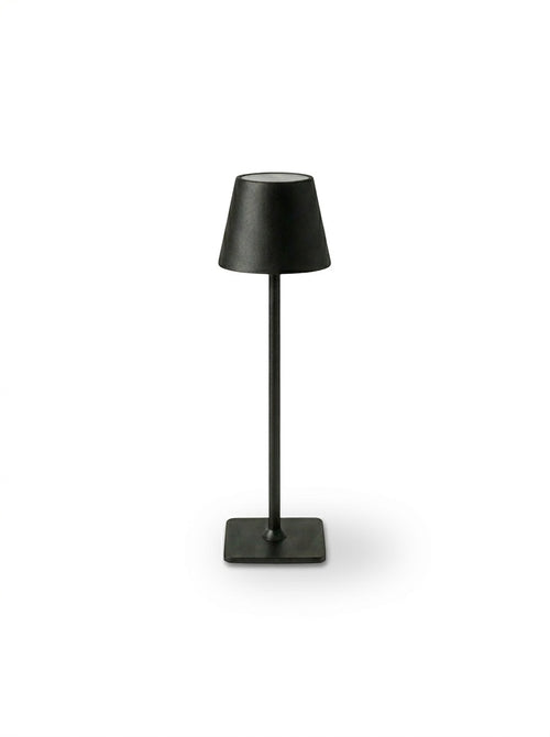 Vinlume black modern standing lamp with square base and conical shade, featuring touch controls and USB-C charging.