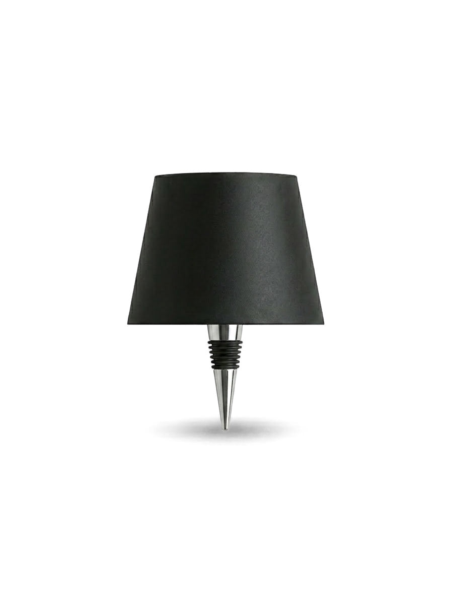 Vinlume Classic Bottle Lamp, black conical shade with silver stopper, wireless rechargeable accent light