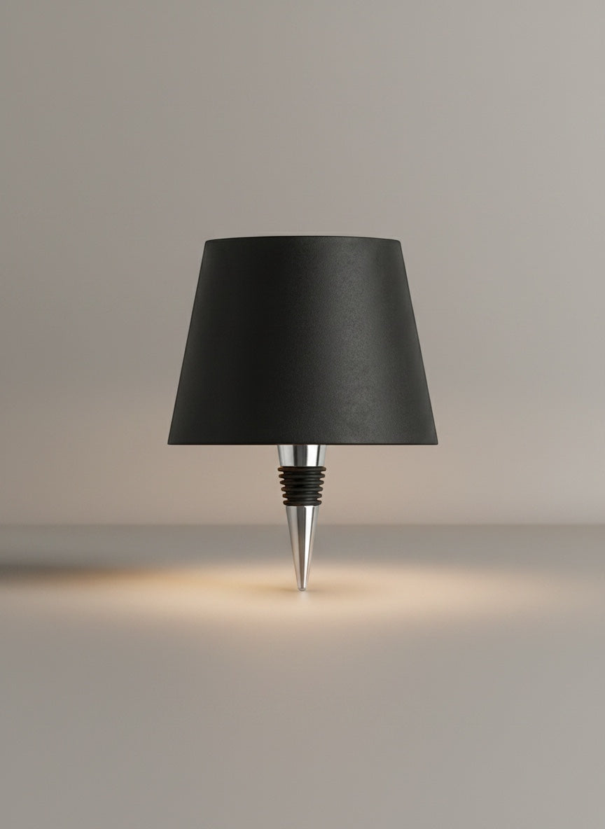 Vinlume Classic Bottle Lamp with black shade and silver base, 38cm tall, wireless and rechargeable.
