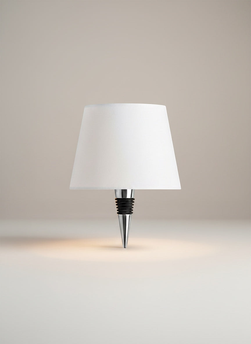 Vinlume Classic Bottle Lamp with white acrylic shade and chrome base, 38cm tall, wireless and rechargeable.