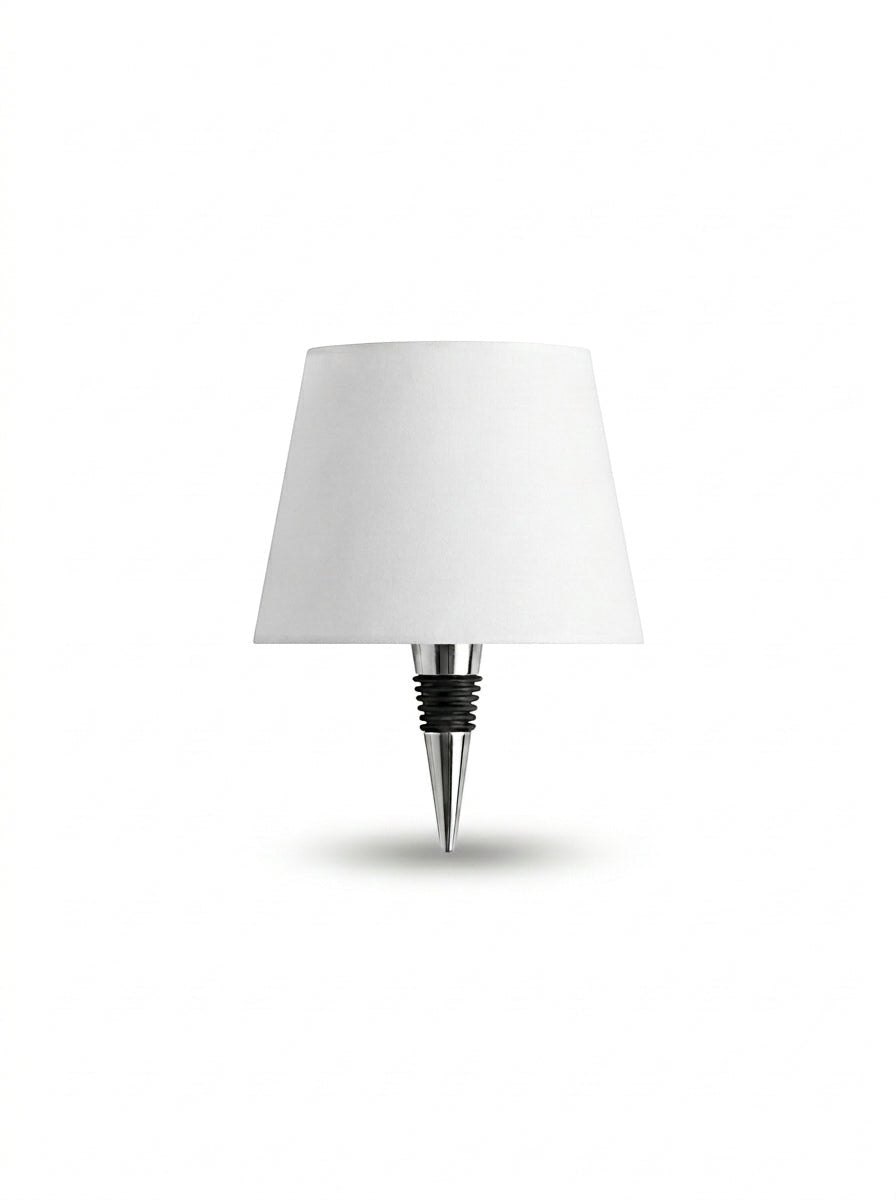 Vinlume Classic Bottle Lamp with white shade and silver base, 38cm tall, wireless and rechargeable.