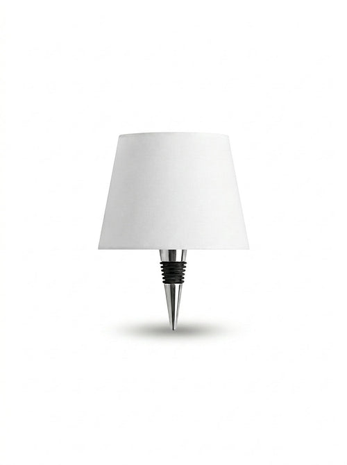 Vinlume Classic Bottle Lamp with white shade and silver base, 38cm tall, wireless and rechargeable.