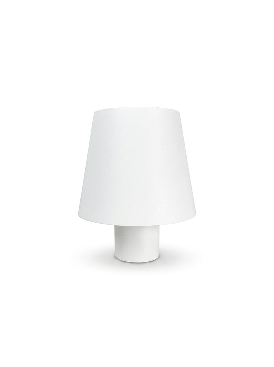 Vinlume Classic Cylinder cordless table lamp with white conical shade and cylindrical base.