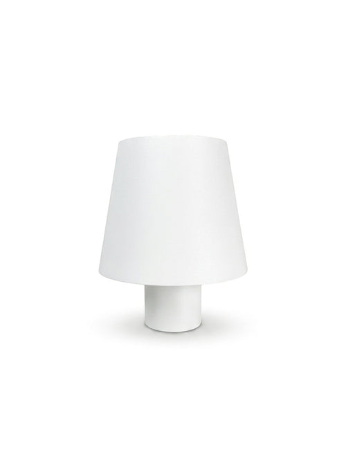 Vinlume Classic Cylinder cordless table lamp with white conical shade and cylindrical base.
