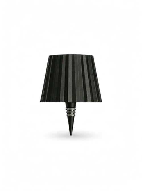 Vinlume black textured bottle lamp with pleated shade and metallic spring detail. Wireless and rechargeable.