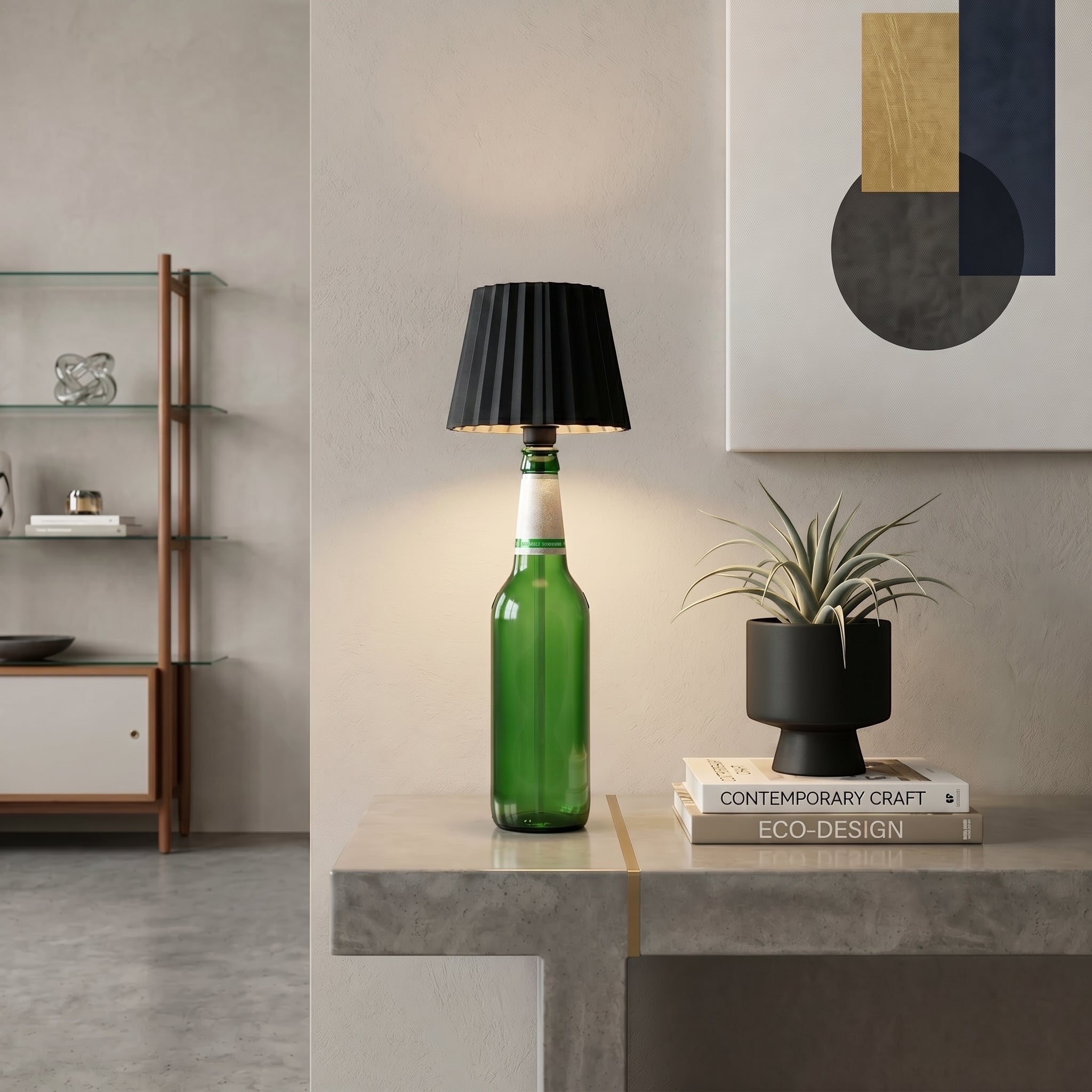 Vinlume green glass bottle lamp with black pleated shade, casting patterned light. Wireless and rechargeable.
