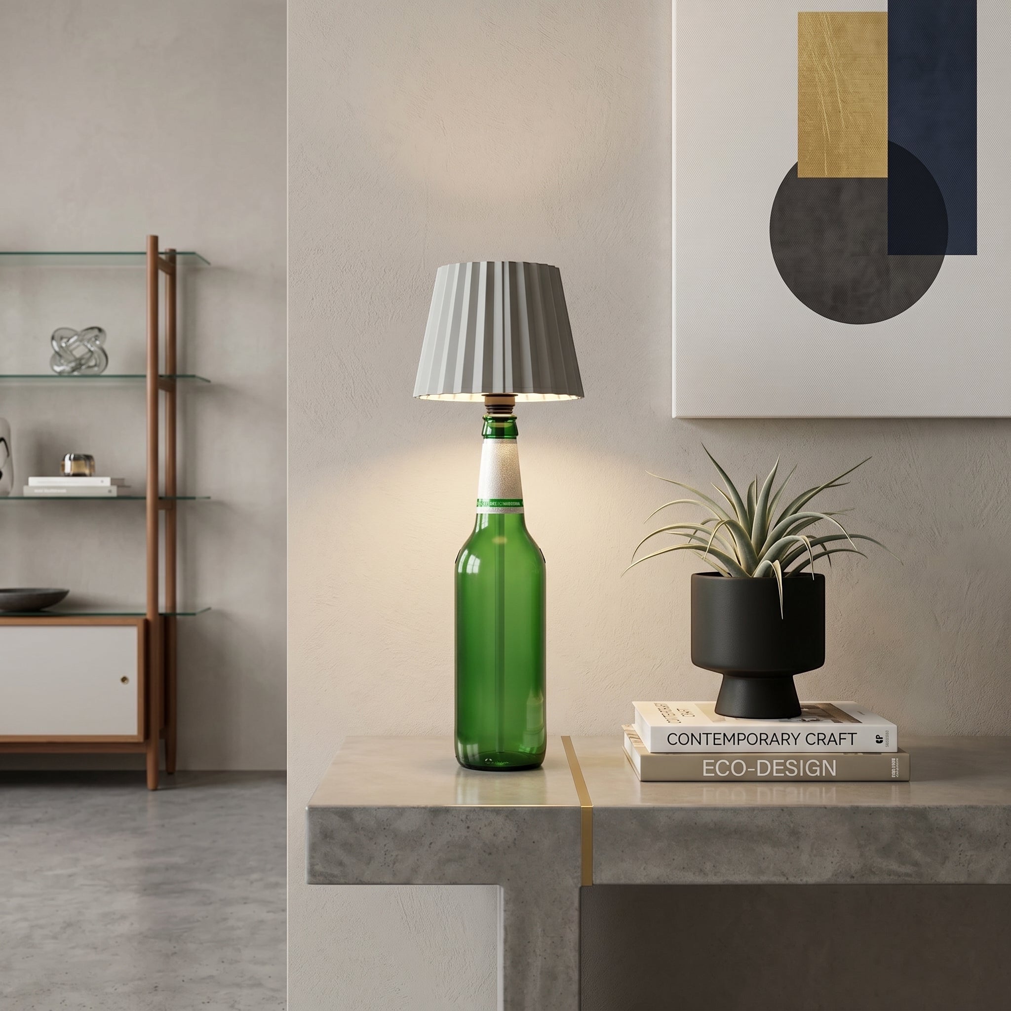 Vinlume green glass bottle lamp with pleated grey shade, adjustable light settings, and USB-C rechargeable.
