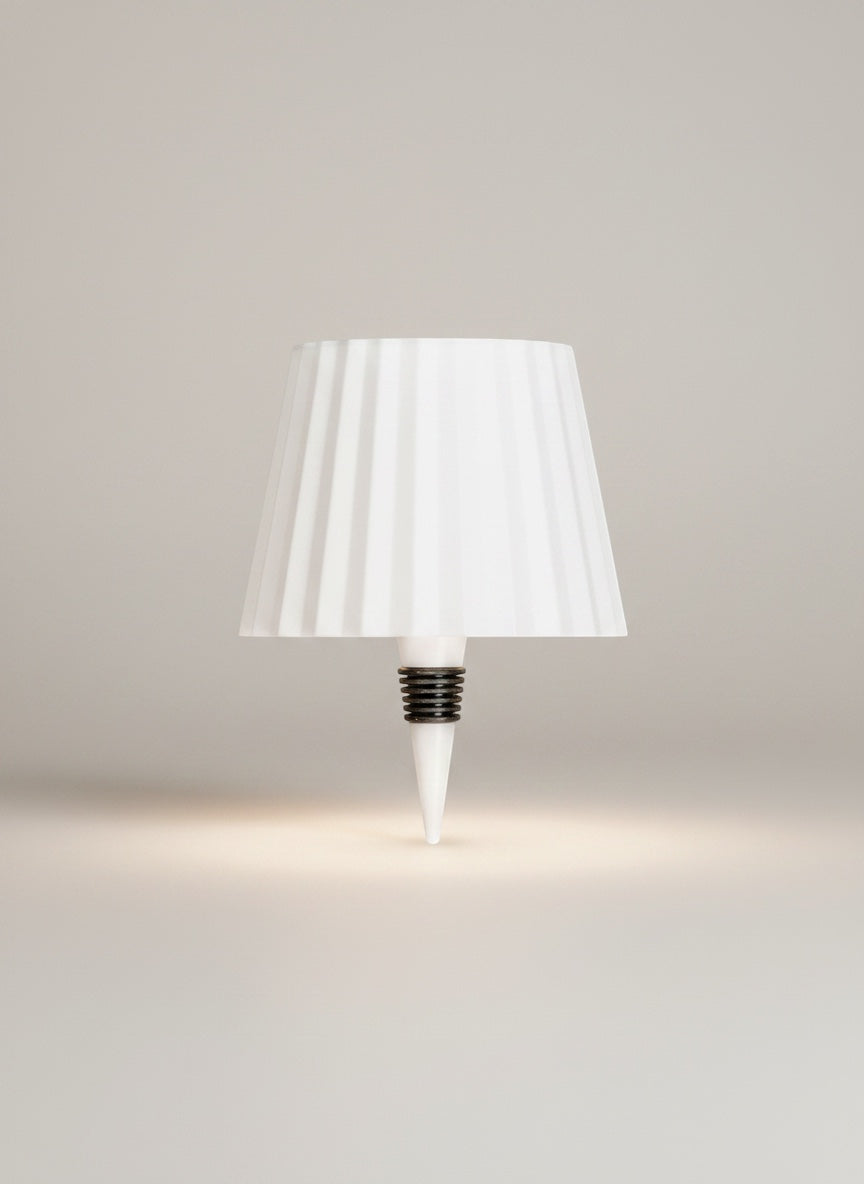 Vinlume white pleated bottle lamp with textured finish and adjustable light settings.