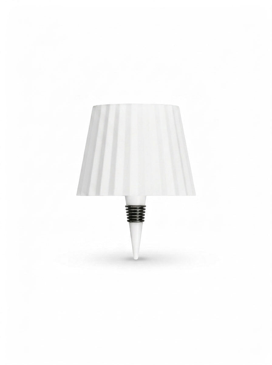 Vinlume white textured bottle lamp with pleated shade and black ribbed detail on base.