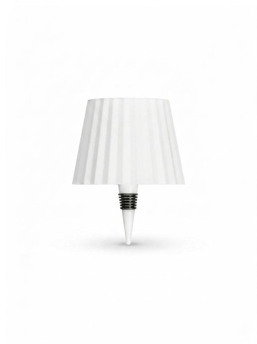 Vinlume white textured bottle lamp with pleated shade and black ribbed detail on base.