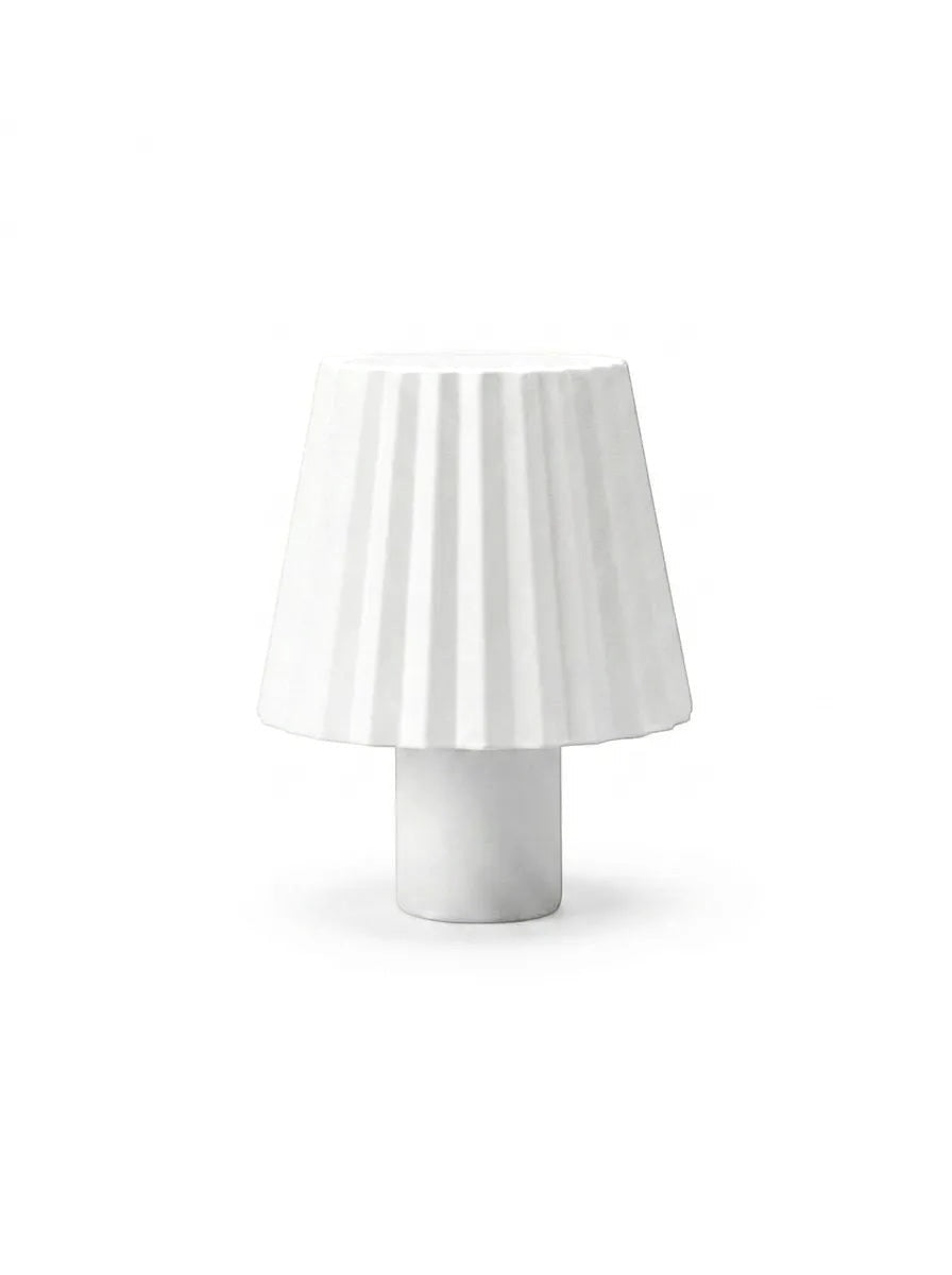 Vinlume white textured cylinder bottle lamp with pleated shade, ideal for ambient lighting.