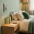 Vinlume white modern standing lamp with acrylic shade on wooden nightstand next to bed