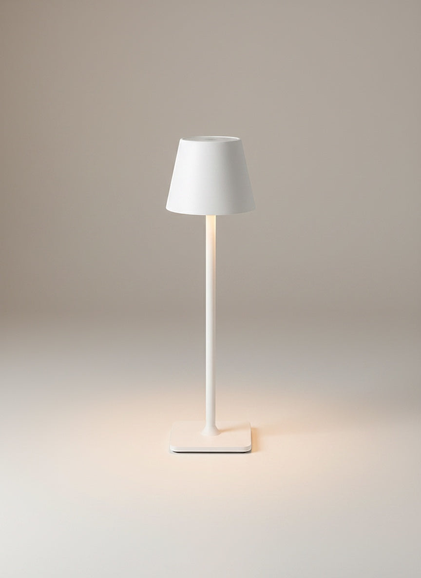 Vinlume white modern standing lamp with conical shade and square base, touch-controlled, USB-C rechargeable.
