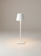 Vinlume white modern standing lamp with conical shade and square base, touch-controlled, USB-C rechargeable.